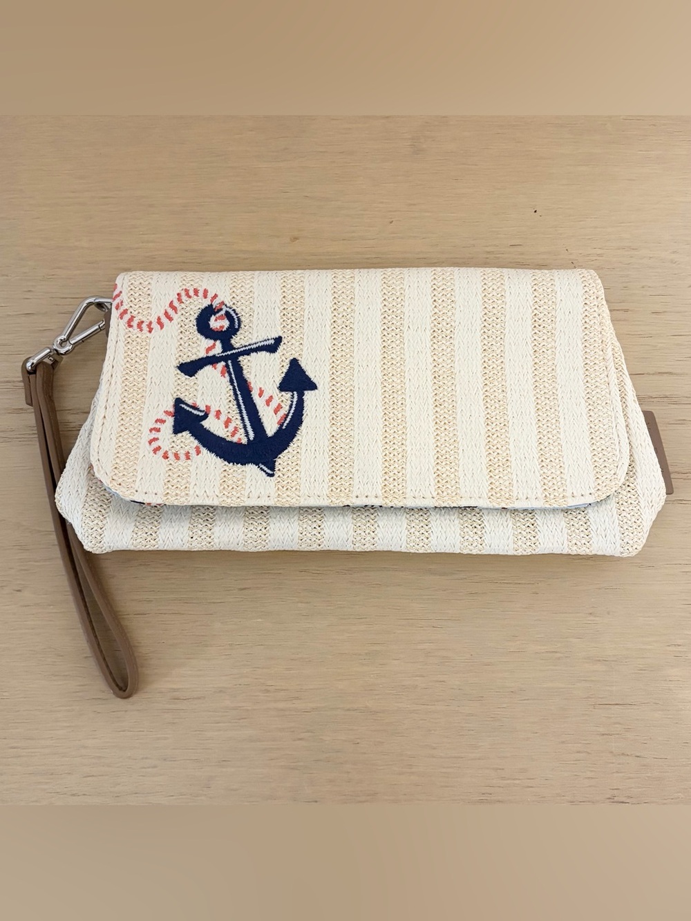 Vera Bradley Cream Striped Wristlet with Navy Anchor